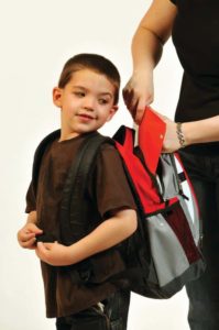 Kid with backpack heavy school bag, school kids