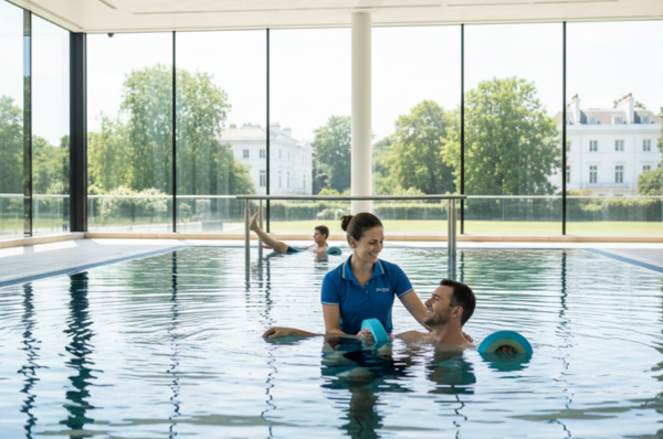 A therapist assists a man with water therapy exercises in a bright indoor pool.