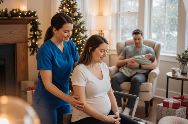 A healthcare worker supports a pregnant woman at home while a partner holds a newborn near a Christmas tree.