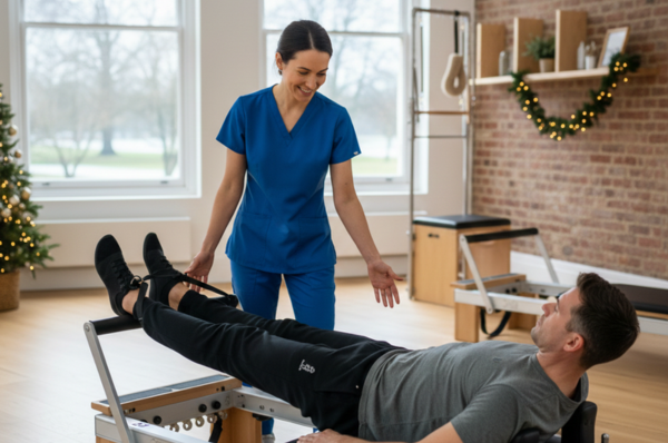 A physical therapist guides a man through a reformer exercise in a bright studio.