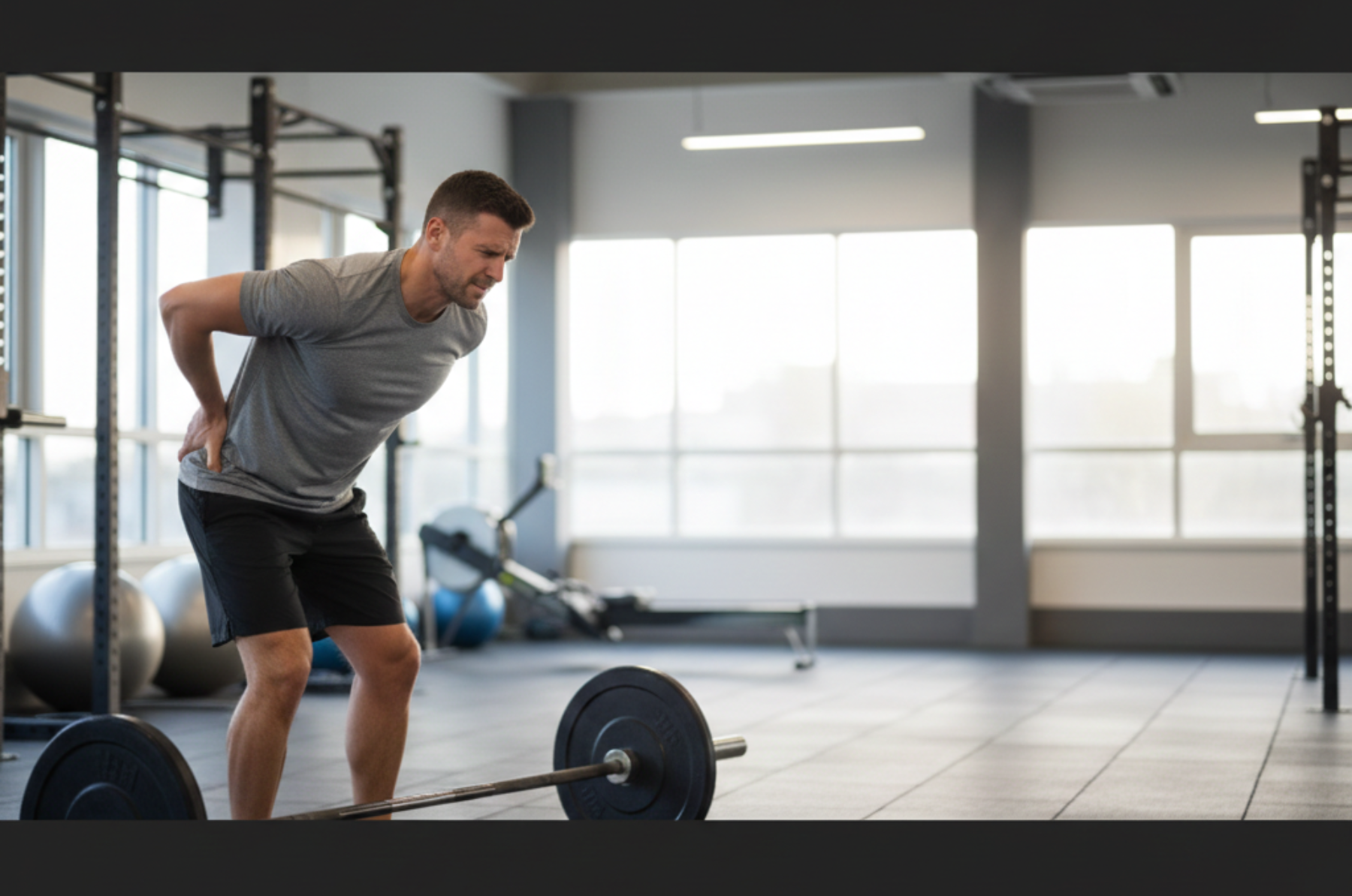 Adult in a modern gym holding their lower back in pain beside a barbell, with space for text.