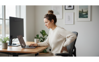 Tired office worker sitting at a desk with poor posture, holding their lower back in discomfort, with space for text.