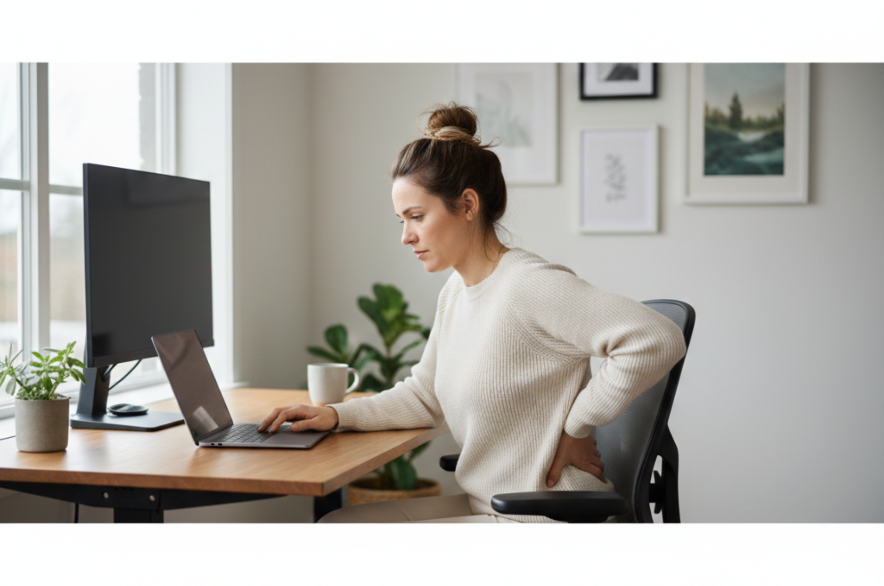 Tired office worker sitting at a desk with poor posture, holding their lower back in discomfort, with space for text.