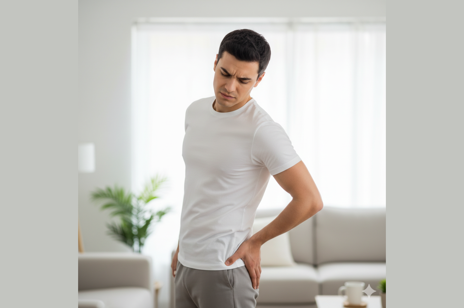 Wide photo of a person in a modern home holding their hip or buttock with a mildly uncomfortable, unsure expression in soft natural light.