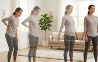 Woman progressing from back pain to standing comfortably.