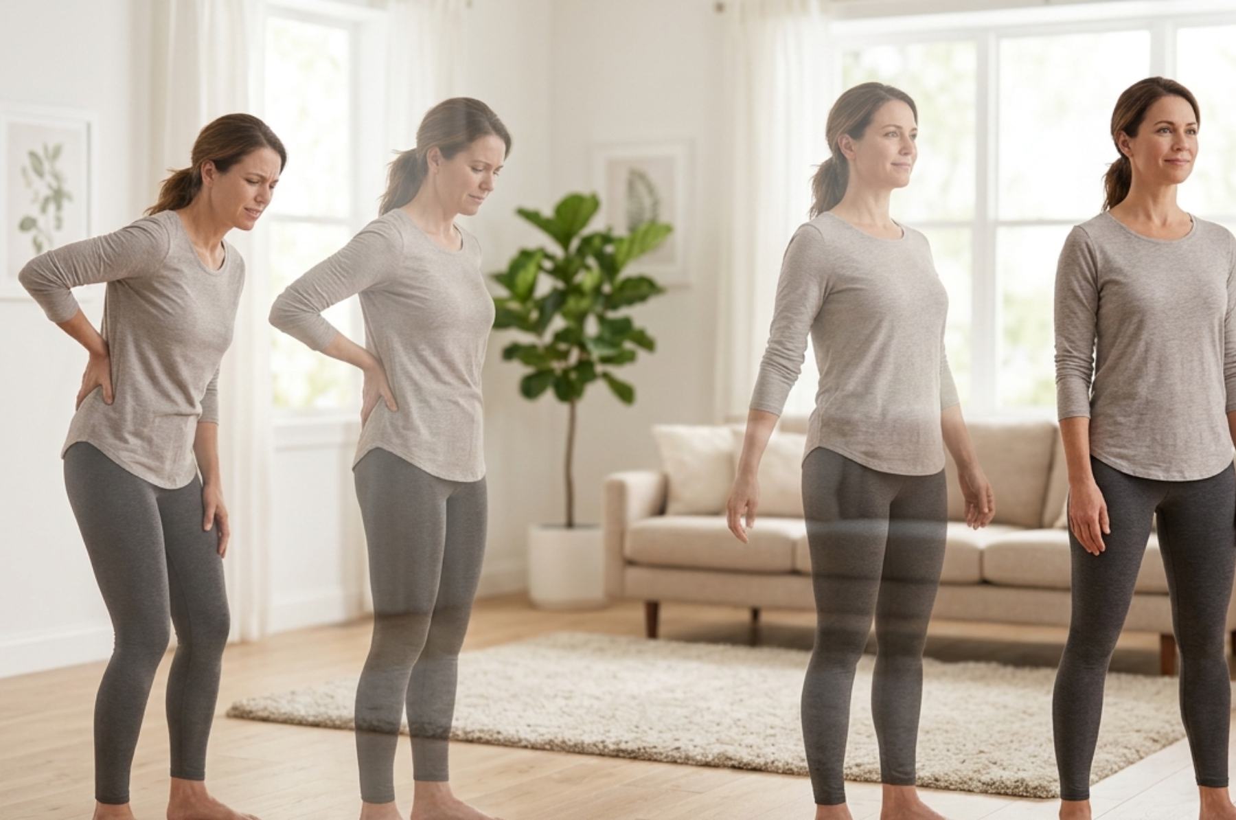 Woman progressing from back pain to standing comfortably.