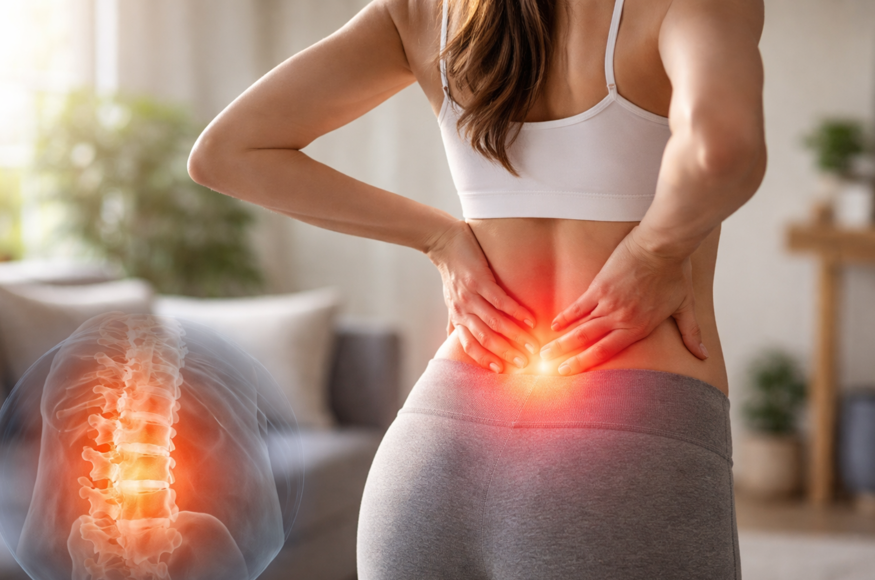 Woman holding her lower back with highlighted pain area.