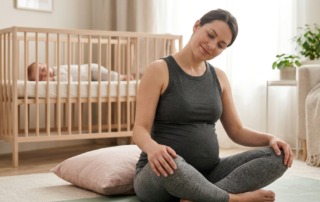 Pregnant woman sitting on a mat doing a gentle stretch at home.