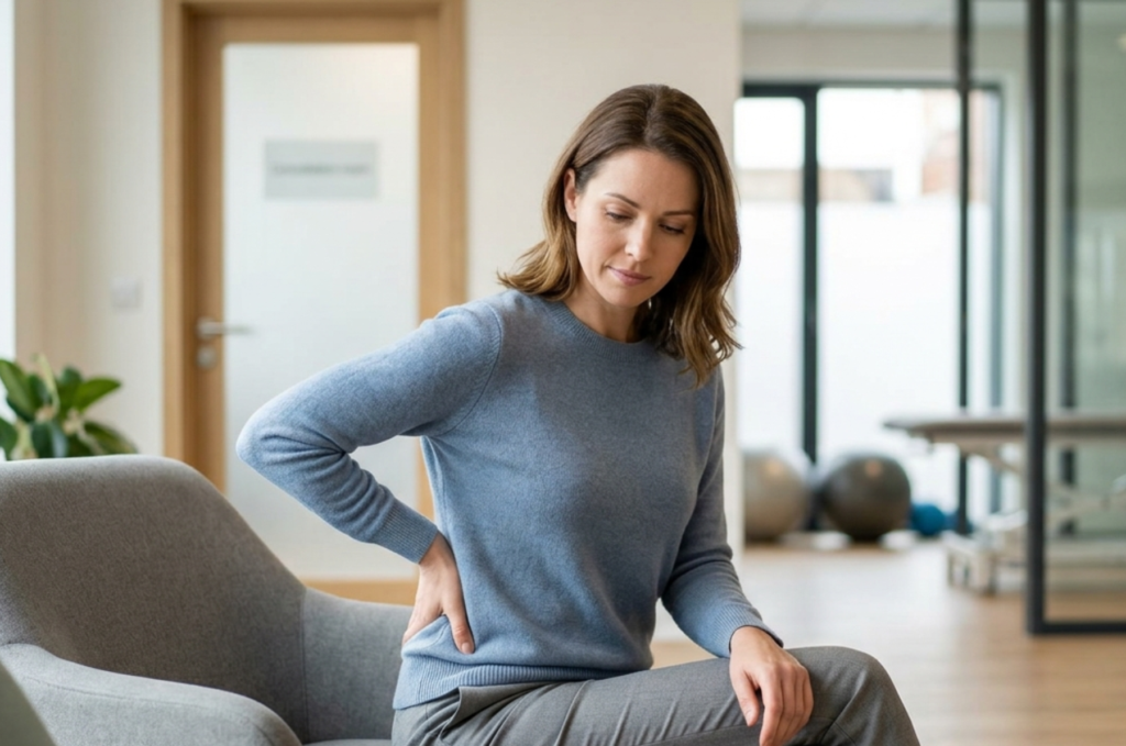 Do You Need a Back Pain Specialist or a Physio First? 1 Woman holding her lower back while sitting on a chair.