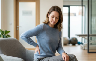 Woman holding her lower back while sitting on a chair.