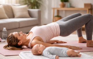 Woman doing a bridge exercise on a mat beside her baby.