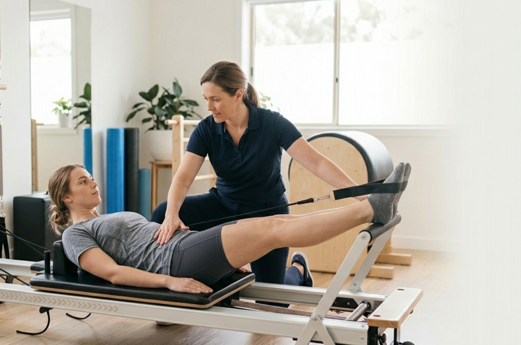 Therapist assisting a woman with a leg press on a reformer.