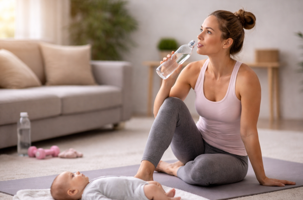 Postpartum Exercise: How to Know If Your Body Is Ready for More 1 Woman drinking water after a workout beside her baby.