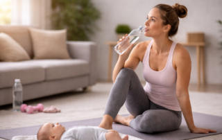 Woman drinking water after a workout beside her baby.