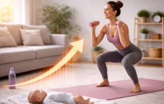 Woman doing a squat with dumbbells near her baby, with upward progress graphic.