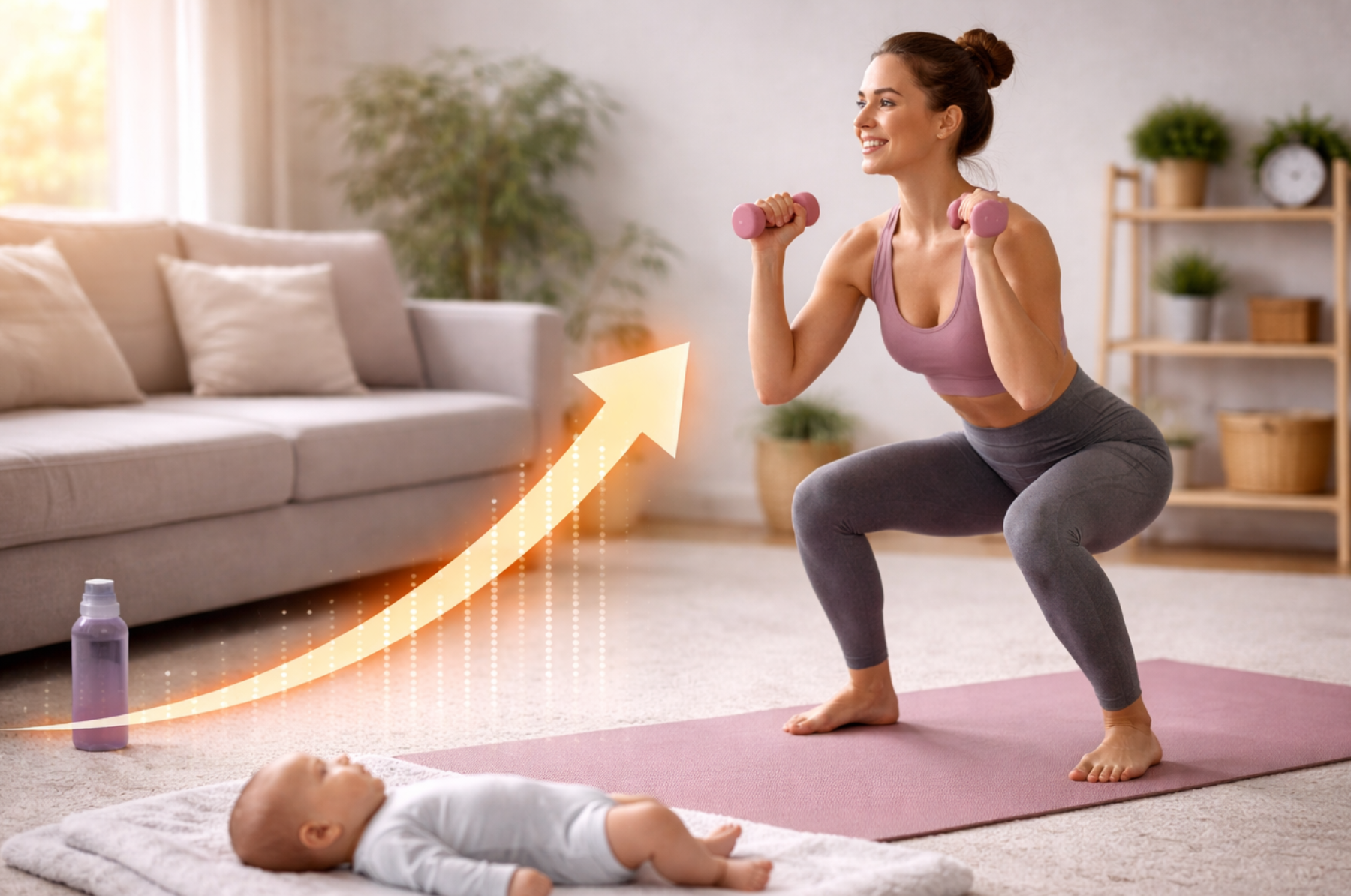 Woman doing a squat with dumbbells near her baby, with upward progress graphic.