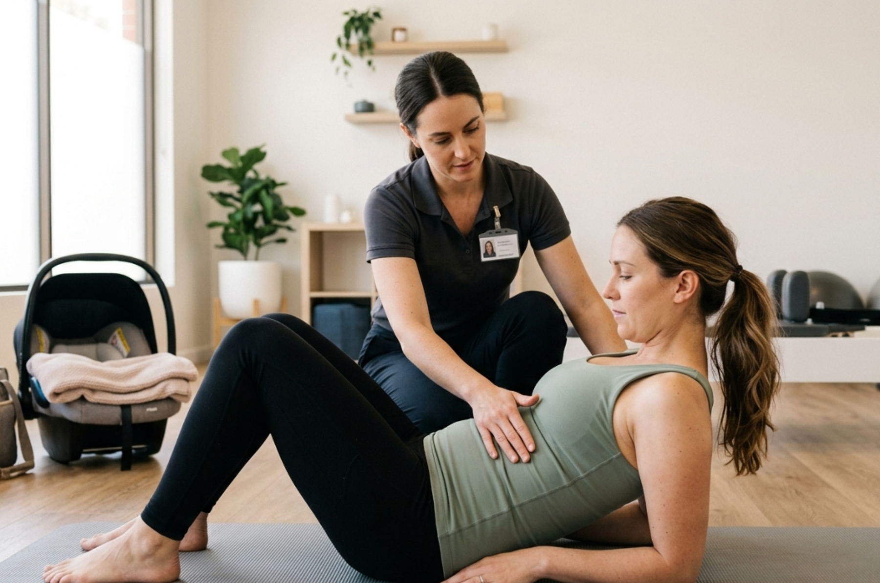 Therapist guiding a pregnant woman through a core exercise on a mat.
