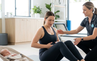 A physiotherapist guides a new mother on a Pilates mat in a well-lit clinic, assisting with core exercises while a baby rests in a bouncer nearby.