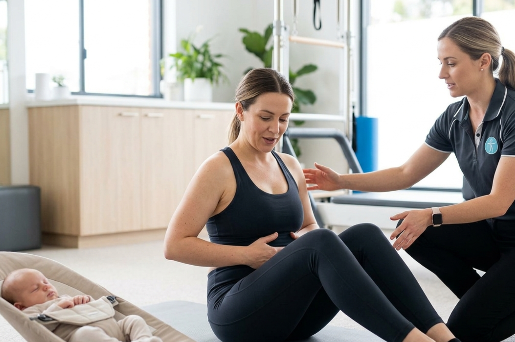 A physiotherapist guides a new mother on a Pilates mat in a well-lit clinic, assisting with core exercises while a baby rests in a bouncer nearby.