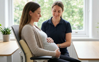 A physiotherapist in a plain navy blue polo shirt (no logos) guides a pregnant woman on proper posture and lumbar support in a well-lit office-style clinic.