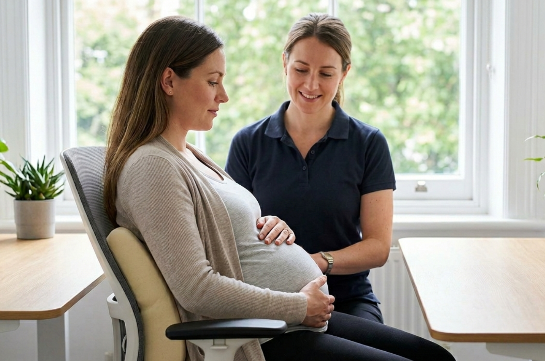 A physiotherapist in a plain navy blue polo shirt (no logos) guides a pregnant woman on proper posture and lumbar support in a well-lit office-style clinic.
