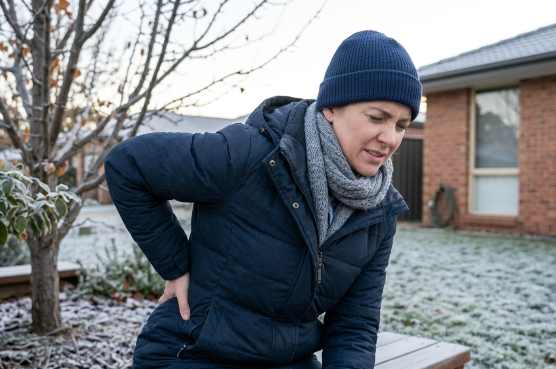 Woman wincing with a stiff, sore back while getting up from a frosty garden bench.