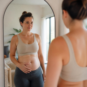 Postpartum woman checking her abdominal area after pregnancy