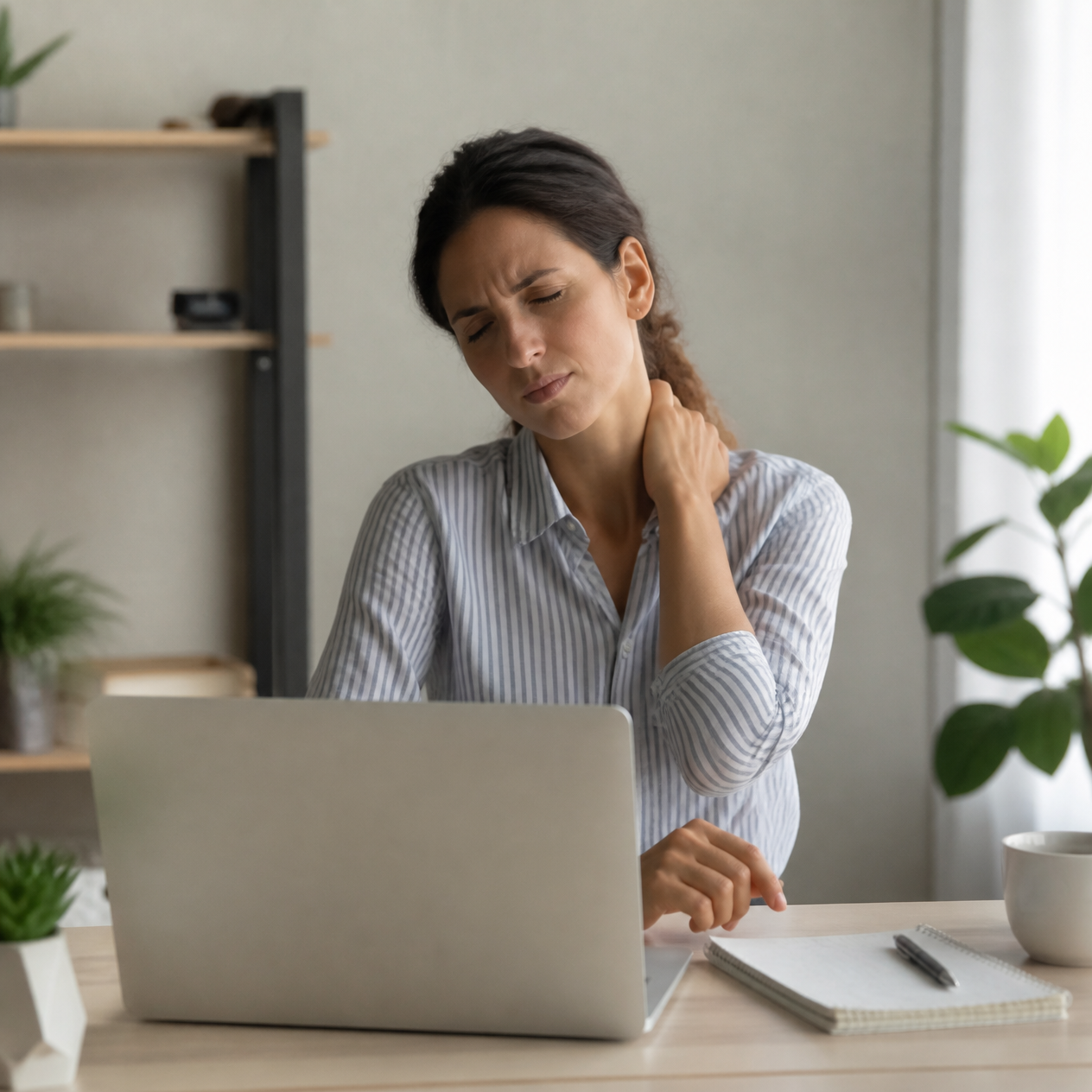 Neck Pain Physiotherapy Brisbane South: 8 or 12-Week Plan 2 neck pain physiotherapy Brisbane South - woman with neck pain at desk